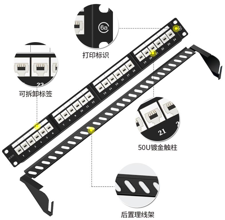 MC2805-624(六類(lèi)網(wǎng)絡(luò)款24口)細(xì)節(jié)展示50u鍍金，可拆卸標(biāo)簽等